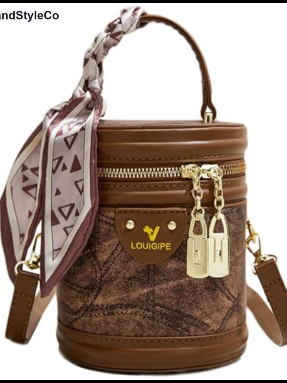 Faux Leather Canvas Cylinder Bucket Bag with Detachable Strap Women